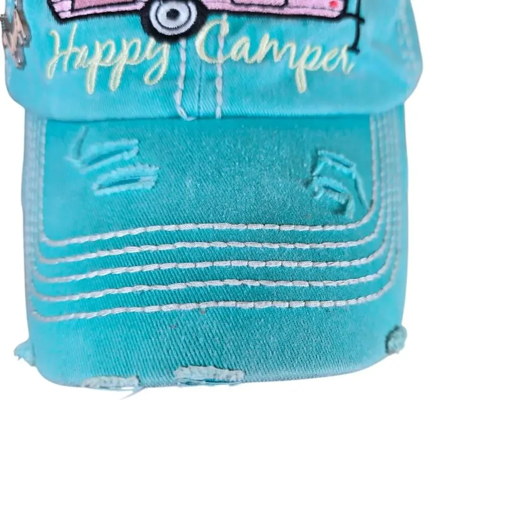 Happy Camper Slideback Hat Greenish-Blue One Size Adjustable Distressed Dog Pin